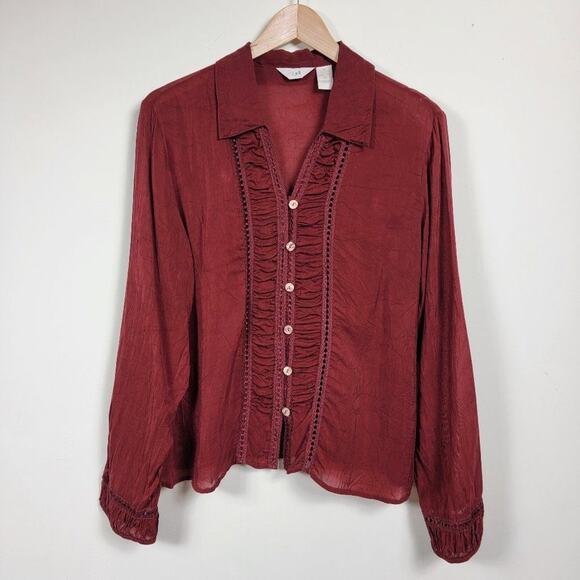 J Jill Long Sleeve Button Down Blouse Currant Red Women Size M Rayon Sheer Lace - Picture 11 of 11